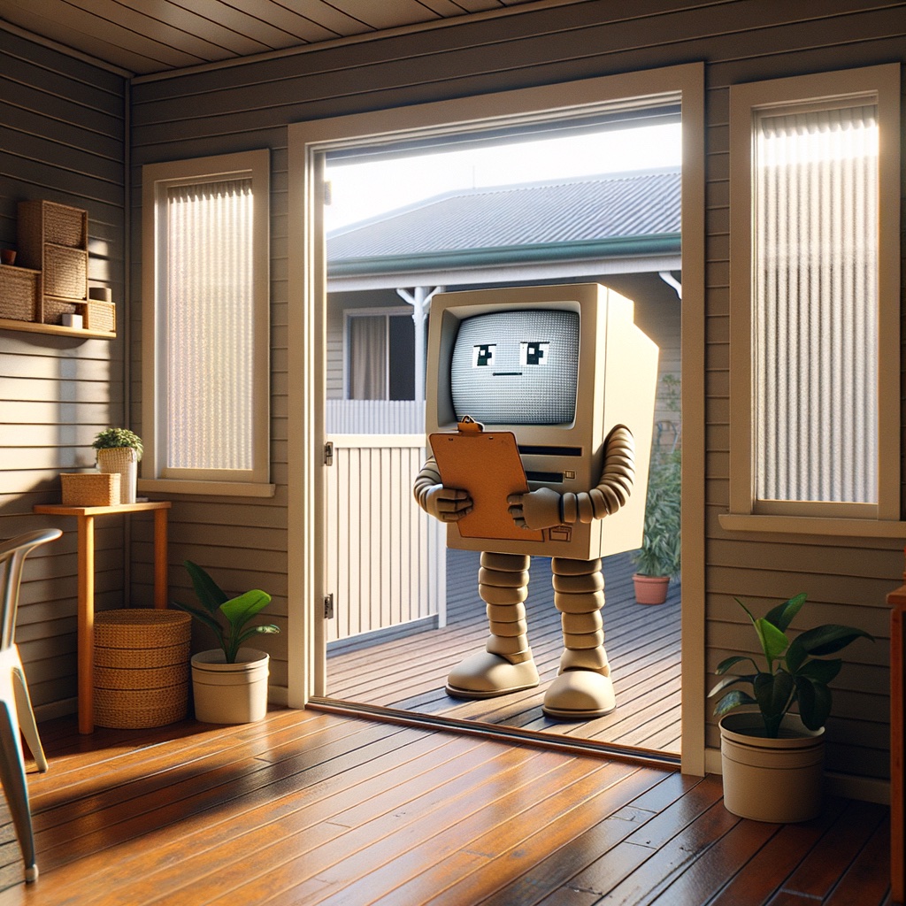 A retro search engine standing on the porch of a house, holding a clipboard with an inquiring look, seen from inside the house.