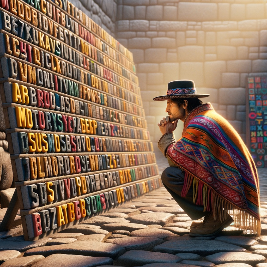 A montage of letters in different colours, with an inca software developer in traditional dress looking at them and studying them.