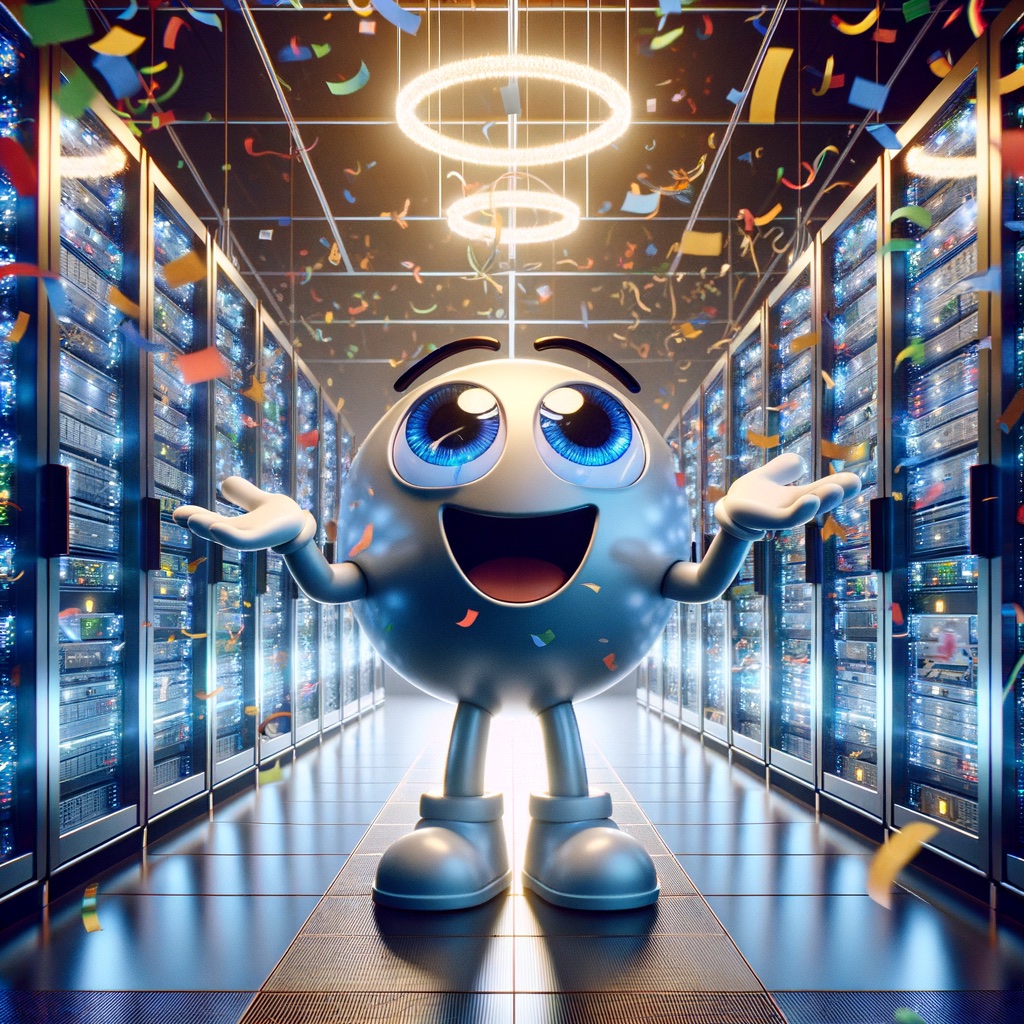 A search engine character standing in the middle of a data centre and celebrating