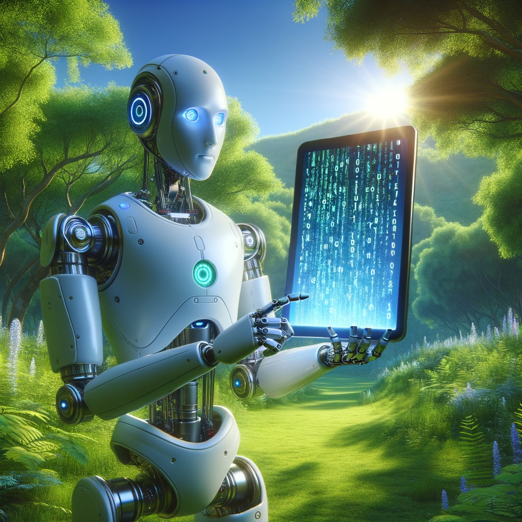 A robot on a path through a forest, holding a tablet displaying computer characters