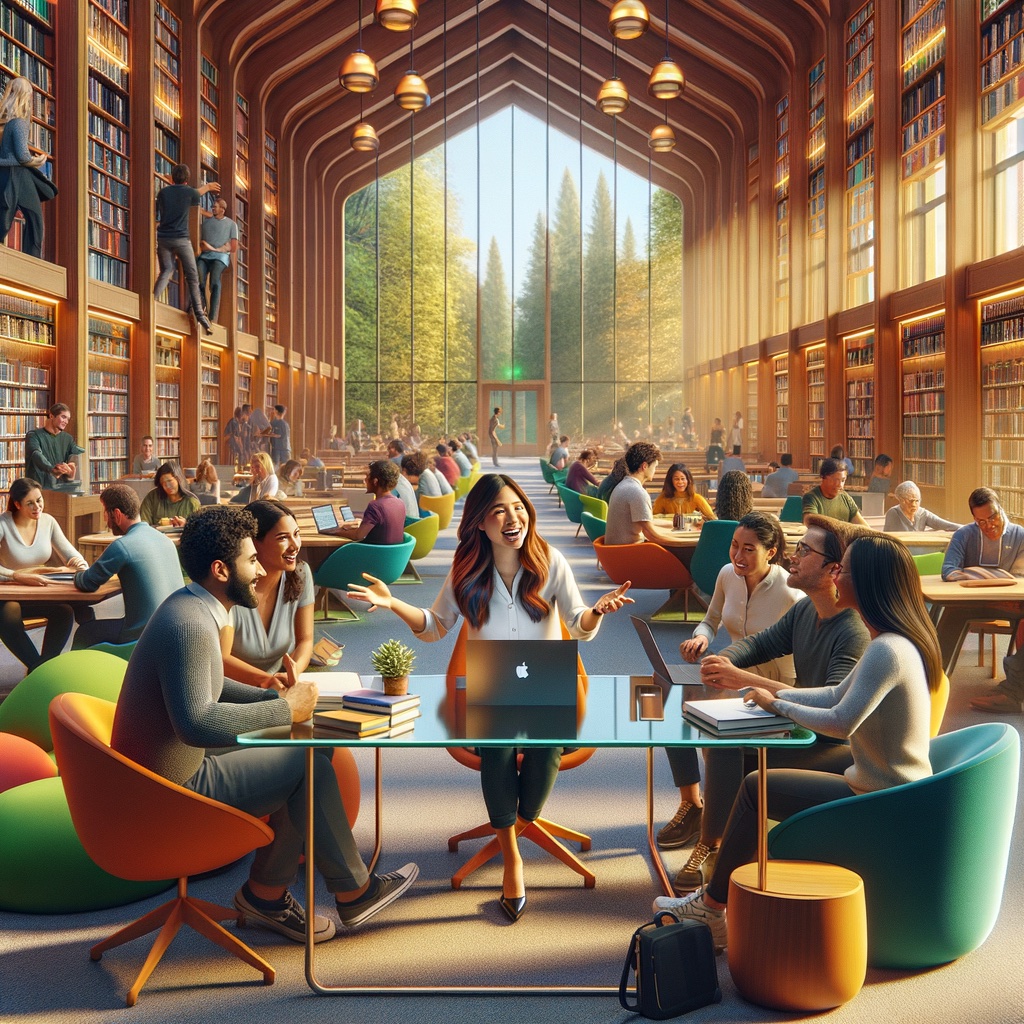 Founder motivation concept - a large library style room with people learning and studying along with a technical founder working with colleagues and students in the centre of the room