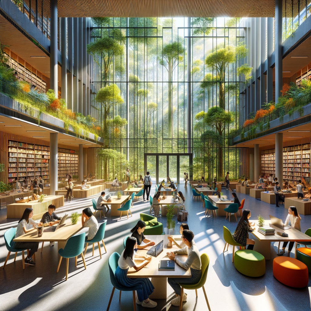 Front page concept - a large library style room with people learning and studying along with a business presentation happening in the centre of the room